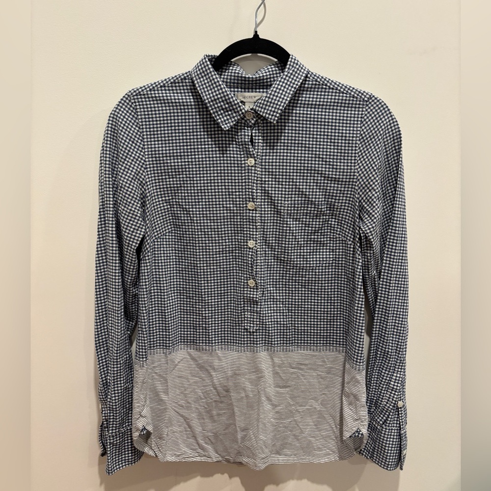 J.Crew Mixed Pattern Blue Gingham Striped Popover Size 6 Navy